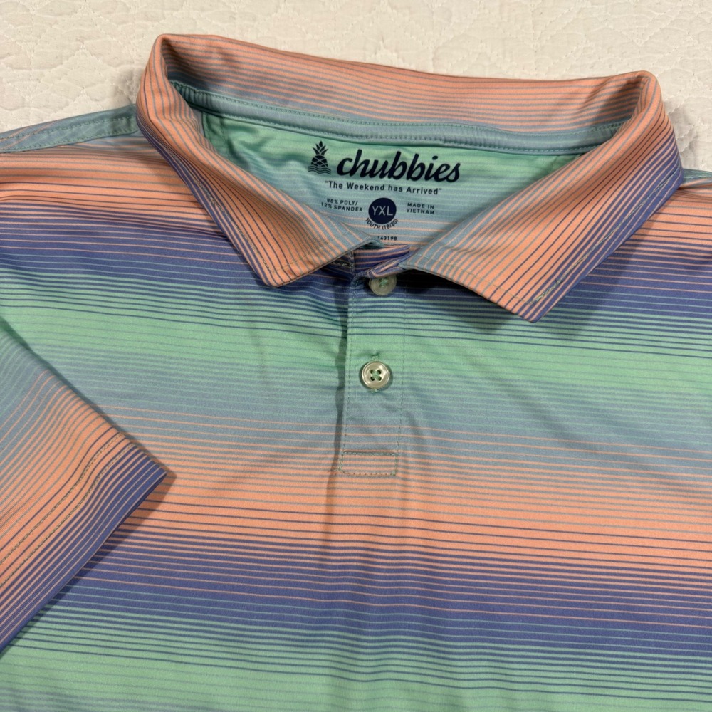 Chubbies Polo Shirt Youth YXL Multi Color Sunset Stripe Performance Stretch EUC‎